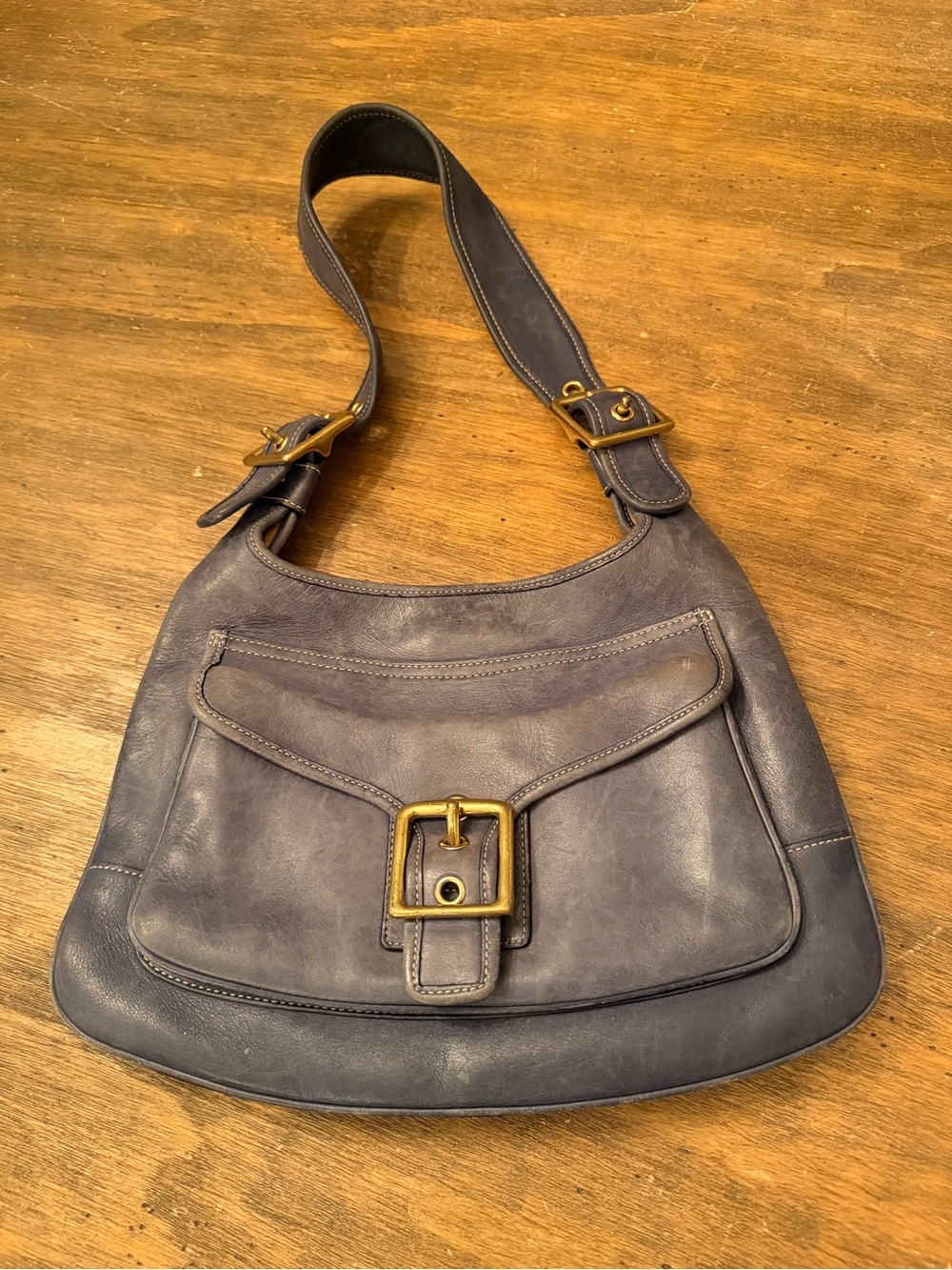 Y2k Vintage Coach Legacy Saddle Hobo Gold Brass Leather Light Blue Rare 9340